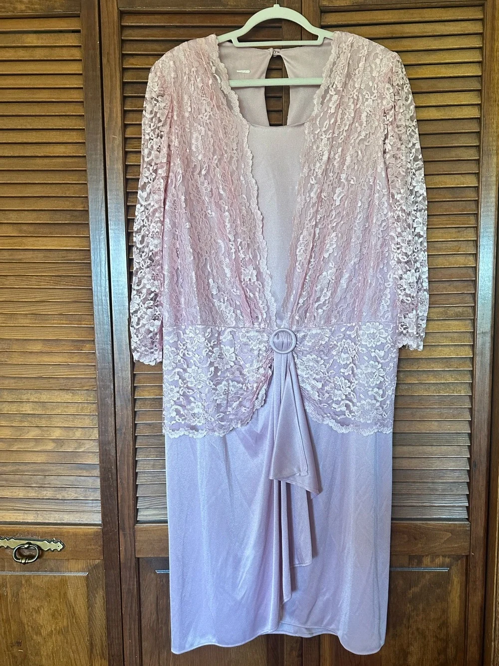 1980s Vintage Pink Lace Midi Cocktail Dress with Draped Front size XL